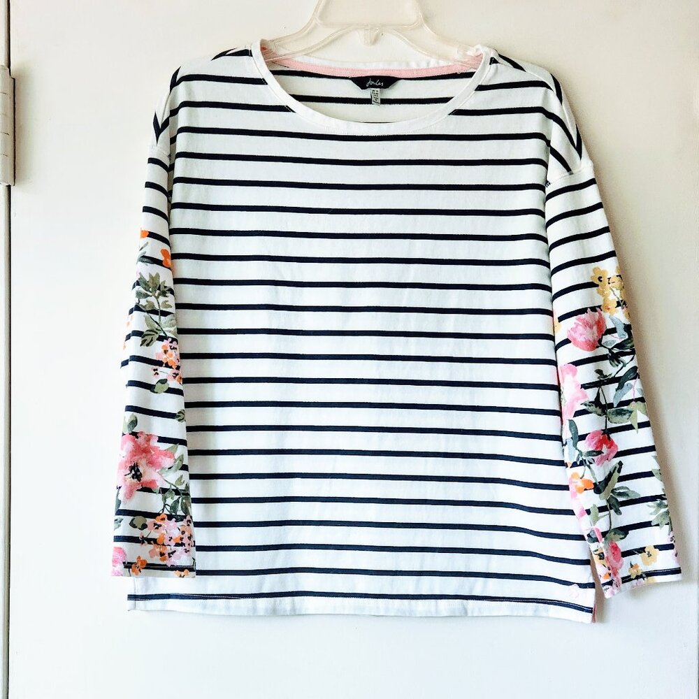 JOULES US sz 8 Women Harbour Floral Printed Cotton Jersey Top Navy White Stripes - Picture 4 of 11